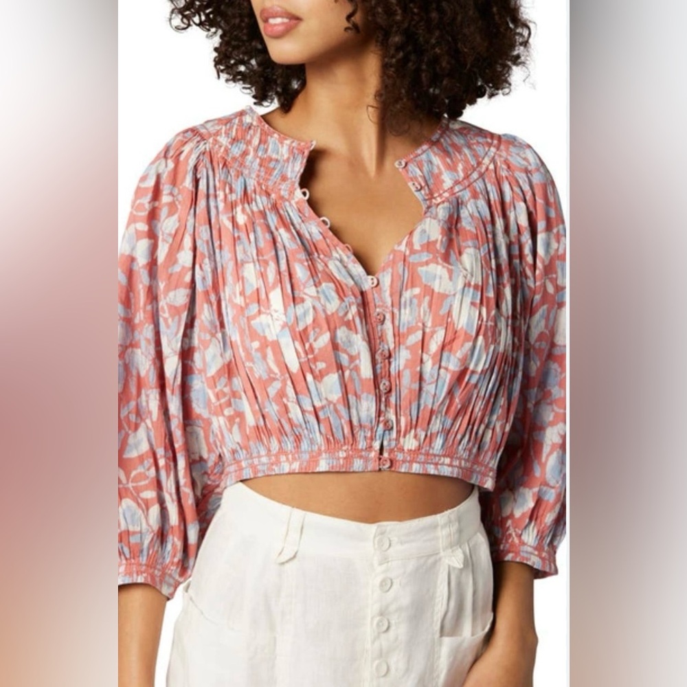 Joie May Cropped Floral-Print Blue and Pink Blouse - Picture 8 of 11
